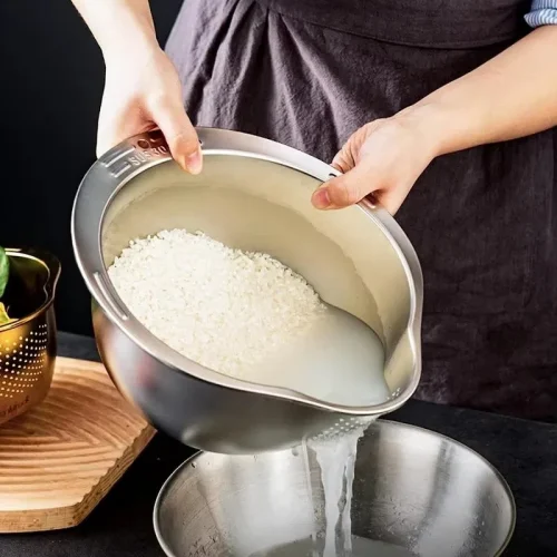 (2 Pcs) 2in1 Stainless Steel Washing Bowl - সবজি, ফল, নুডলস ধোয়া ও ছাঁকা হবে এক বাটিতেই!
